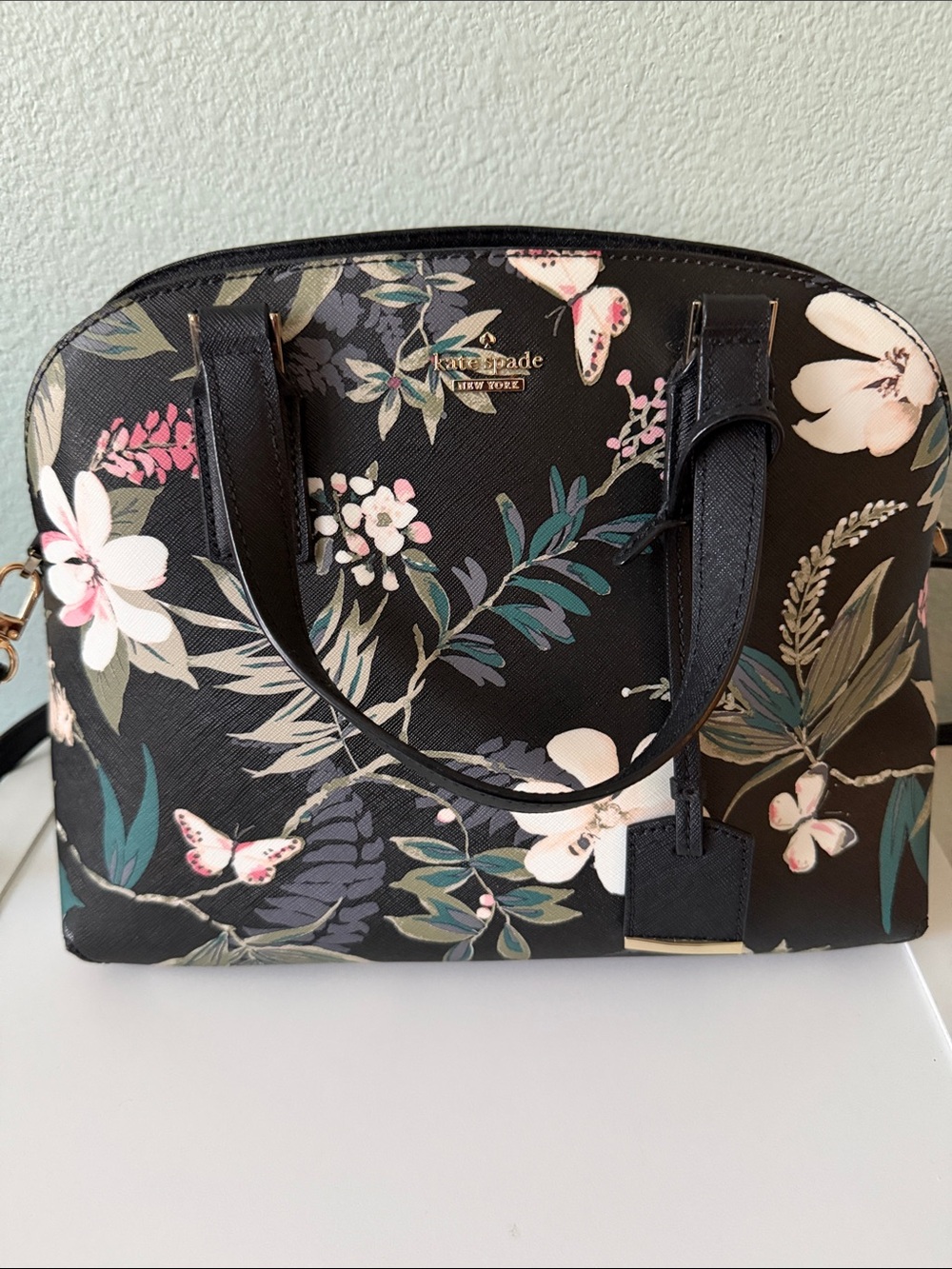 kate spade Black Floral Dome Satchel with Pink & Green Accents